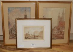 19th century English School, monochrome watercolour, Swiss lake scene 12 x 19cm and a pair of