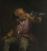 After Teniers, oil on wooden panel, Toper seated upon a barrel, 14 x 12cm