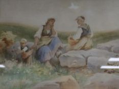 Madeline Hughes (American, 1814-1907), watercolour, Figures in a landscape, signed with pseudonym 'A