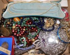 A quantity of costume jewellery including cultured pearl necklace, a silver hand mirror and a