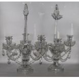 A pair of glass and lustre drop candelabra (converted to electricity)