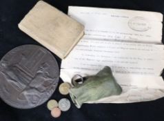 Death plaque, 1st World War Journal, coinage etc