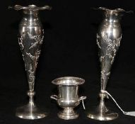 A pair of early 20th century Chinese Export silver posy vases by Wang Hing, Hong Kong, 8in, and a