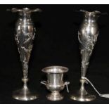 A pair of early 20th century Chinese Export silver posy vases by Wang Hing, Hong Kong, 8in, and a