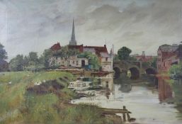 E. Mushens, oil on canvas, River landscape with view of Hadshead Hotel, signed and dated 1904, 59