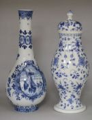 A delft blue and white vase and a Meissen onion pattern lidded vase (2)