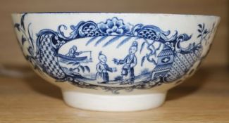 A Worcester blue and white small bowl, painted with The Mother and Child and Man Fishing pattern,