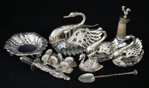 Three swan condiments, a set of silver menu holders, silver seal, bon bon dish etc.