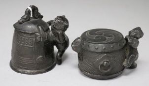 Two Japanese novelty bronze effect inkwells