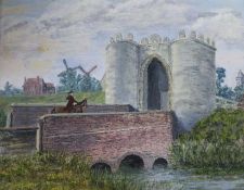 A.W. Lyons, oil on panel, Rider on a castle bridge, 18 x 24cm