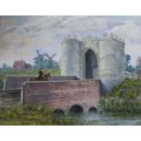 A.W. Lyons, oil on panel, Rider on a castle bridge, 18 x 24cm