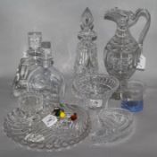 A Baccarat cut crystal bowl, 6 glass cocktail sticks, an Orrefors decanter, two other decanters, a