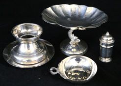 A silver quaich, a sterling comport and three other silver items.
