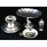 A silver quaich, a sterling comport and three other silver items.