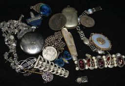 A vesta, mixed jewellery, silver watch chain, pocket watch etc.