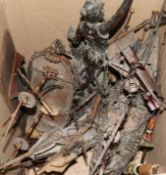 Three model ships, small spear, tomahawk & spelter figure