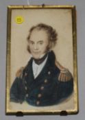 19th century English School, watercolour on paper, miniature of a naval officer, initialled NEB, 9.5