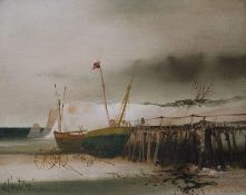 Albert Deman, oil on canvas, Fishing boats at low tide, signed, 23 x 29cm