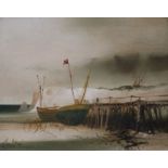 Albert Deman, oil on canvas, Fishing boats at low tide, signed, 23 x 29cm