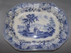 A Staffordshire pottery blue and white meat dish, printed with a family walking in a country park