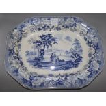 A Staffordshire pottery blue and white meat dish, printed with a family walking in a country park