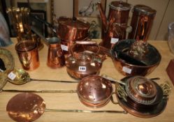 Two Victorian copper kettles and a large collection of copperware and brassware incl. a graduated