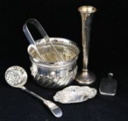 A Victorian sugar bowl, a spill vase, a pin dish, a sifter spoon, a pair of tongs and a small