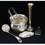 A Victorian sugar bowl, a spill vase, a pin dish, a sifter spoon, a pair of tongs and a small