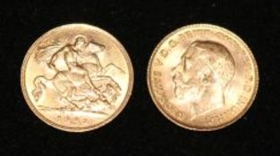 Two gold half sovereigns, 1909 and 1914