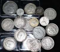 Collection of British silver coinage; Victoria to George V and various world coins including a U.