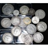 Collection of British silver coinage; Victoria to George V and various world coins including a U.