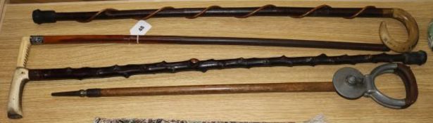 A shooting stick and 3 walking sticks