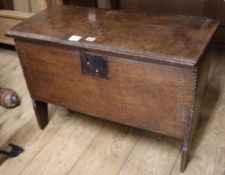 An early 18th century Sussex oak six plank coffer, W.76cm