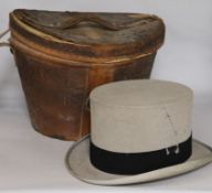 A Victorian top hat, in leather case