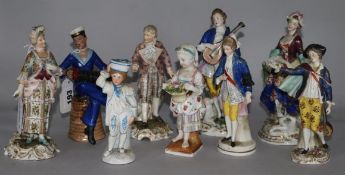 A Dresden figure of a sailor and a collection of other Continental figures, including four miniature
