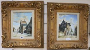 Leon Dinant, pair of oils on board, Dutch street scenes, signed, 23 x 19cm