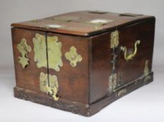 A Chinese brass mounted hardwood box, fitted numerous compartments