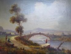 Ruig, oil on canvas, Italianate river landscape with bridge and figures, signed, 49 x 60cm