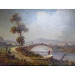 Ruig, oil on canvas, Italianate river landscape with bridge and figures, signed, 49 x 60cm