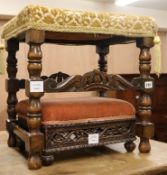 A William and Mary style stool, H.48cm and a 19th century Anglo-Indian padouk foot stool, H.19cm