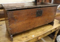 An 18th century Sussex oak six plank coffer, W.92cm