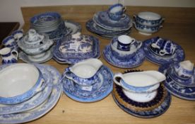 A Staffordshire pottery blue and white vegetable tureen and a quantity of other blue and white