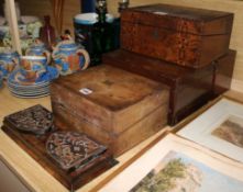 A Victorian brass mounted folding book stand and four various boxes (5)