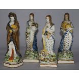 A set of three Prattware glazed pottery figures, c.1790-1800, representing the seasons and a