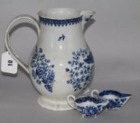 A pair of Liverpool small cream jugs on peg feet (one a.f.), and a blue and white baluster jug, 8.