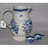 A pair of Liverpool small cream jugs on peg feet (one a.f.), and a blue and white baluster jug, 8.