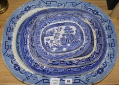 Two Victorian willow pattern blue and white meat dishes and two smaller dishes (4)