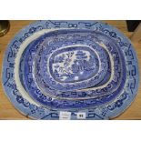 Two Victorian willow pattern blue and white meat dishes and two smaller dishes (4)