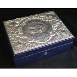 A blue leather jewellery box, silver mounted with angelle forms