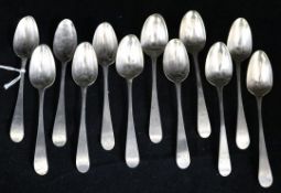 Ten mixed George III Old English pattern teaspoons by Hester Bateman and two other teaspoons, (